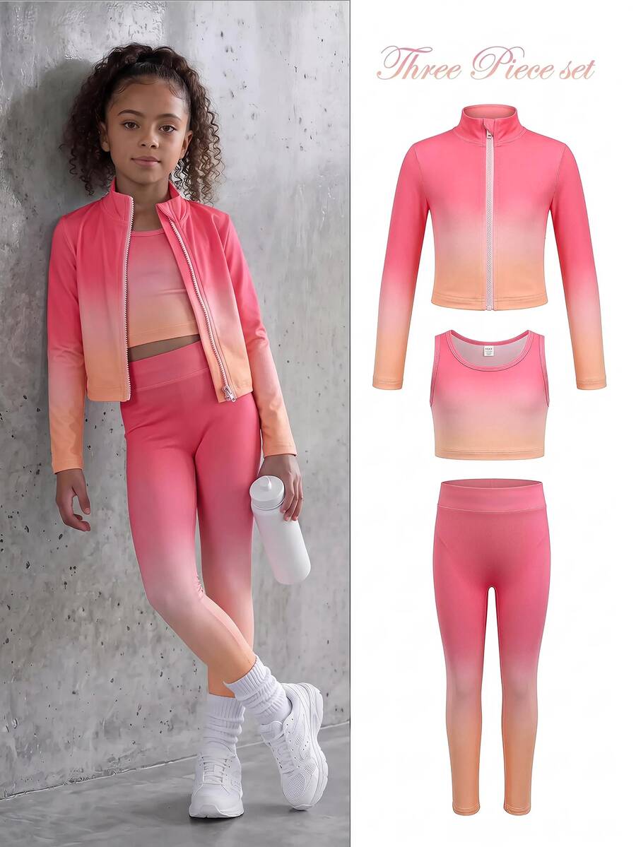 SHEIN طقم 3 قطع أزياء كاجوال للفتيات الصغيرات بألوان متدرجة، ناعم على البشرة ومريح ومرن للغاية، مناسب للرياضة والتمارين والأنشطة الخارجية والتسوق والمزيد - لون برتقالي - مشاهدة 1