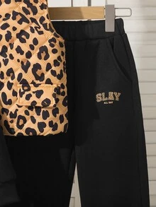 SHEIN Playful Pals 女童秋冬新款時尚休閒三件套：連帽背心 + 休閒運動圓領衛衣 + 成套運動長褲 - 黑色 - 查看 6