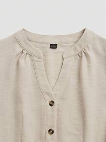 Linhara Plus Size Women Grey Midi Dress V-Neck Half Placket Front Button 3/4 Puff Elastic Cuff Sleeve Cinched Waist Flowy A Line Casual Boho Vacation Summer - Apricot - View 6