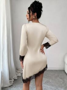 SHEIN Raffinéa Women's Elegant Lace Patchwork Satin Long Sleeve Dress For Vacation And Date Wear - Apricot - View 2