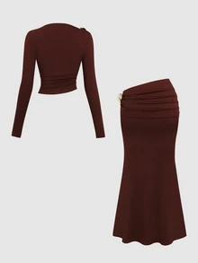 Sweetra Women's Elegant High-End Charming Fashion & Metal Buckle Design & Same Color Comfortable Milk Silk Red-Brown 2 Pieces Set - Brown - View 2