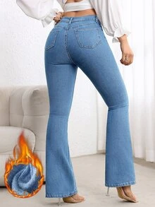 Flexra 女款高腰保暖內裡休閒牛仔褲，附口袋 - 中等水洗藍 - 查看 3