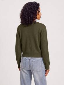 SHEIN BASICS 女款復古素色單排扣長袖針織開襟衫 - 軍綠色 - 查看 2