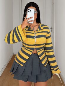 Maweii Sweater Pullover Bergaris Wanita, Pakaian Rajut, Ukuran Besar - Kuning - View 1