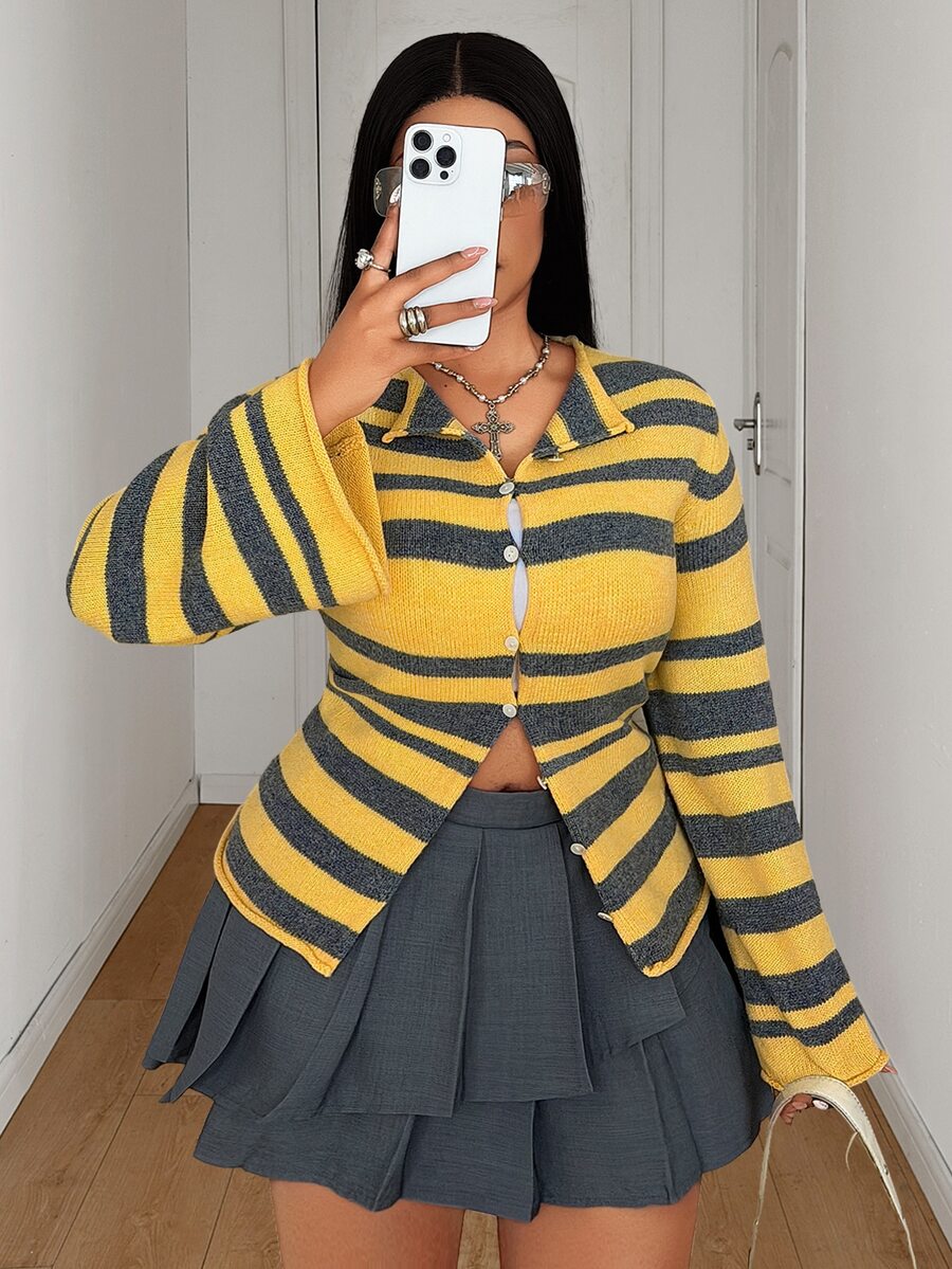 Maweii Sweater Pullover Bergaris Wanita, Pakaian Rajut, Ukuran Besar - Kuning - View 1