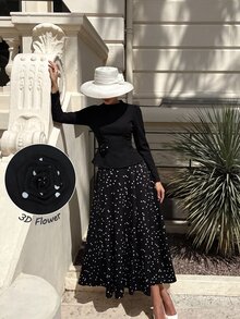 Modelyn 3D Floral Decor Half-High Neck Black Top With Asymmetrical   Polka Dot Two Piece Set  Saudi National Day  Renaissance Outfit Women Business Elegant - Black - View 8
