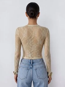 Firerie Elegant Chic Women's V Neck Lace Overlay Long Sleeve Top Cropped Fitted Lace Ruched Crossover Design Day Outfits For Womenwinter Outfits For Women - Pale Yellow - View 2