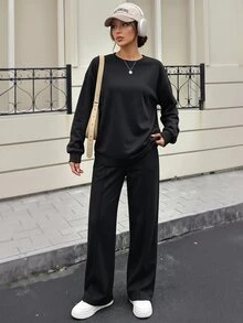 SHEIN 秋季休閒純色運動衫與運動長褲兩件套 - 黑色 - 查看 7