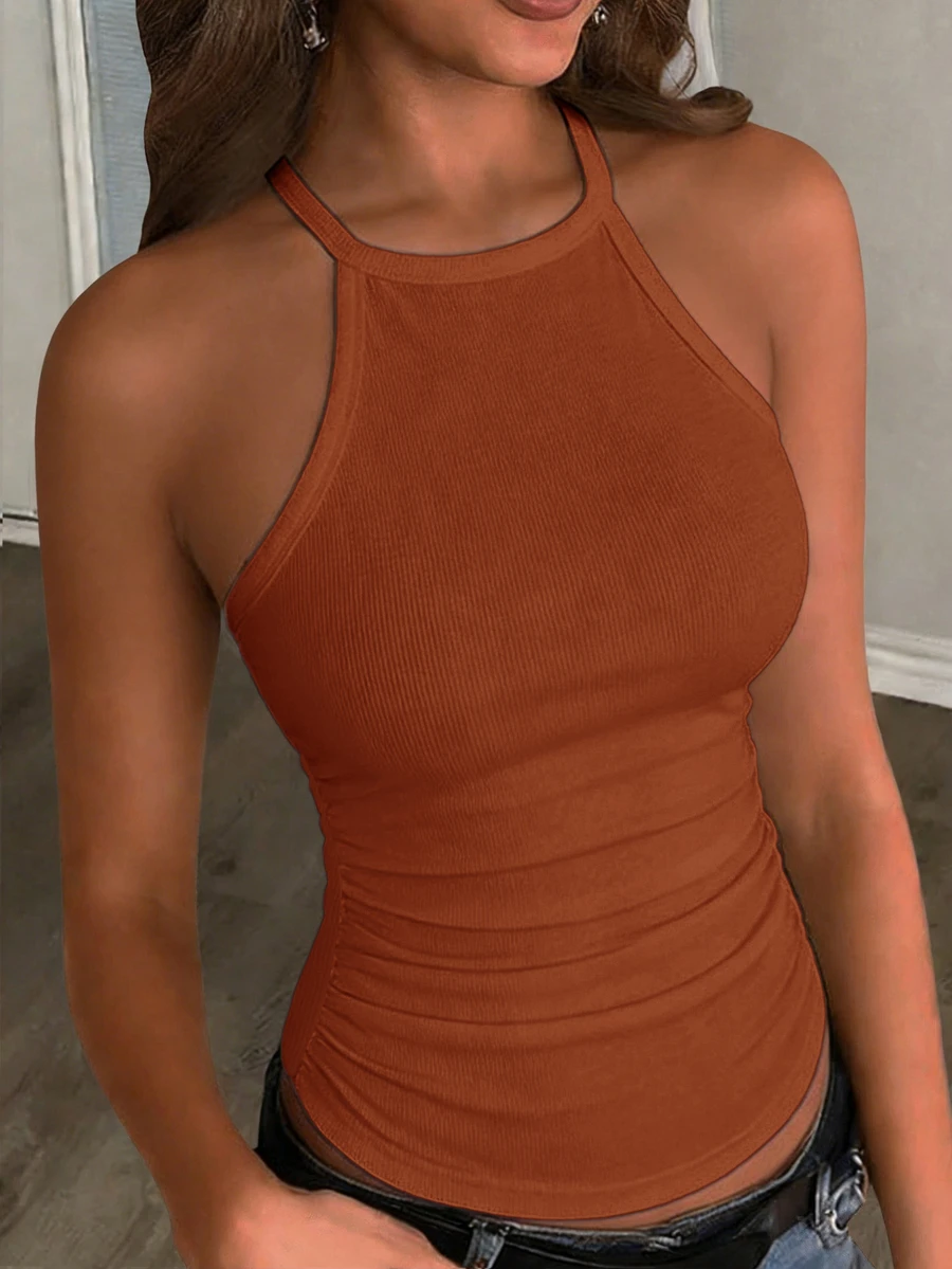 Slaydiva 2026 Primavera/Verano Nuevo Básico Casual Versátil Blanco Liso Acanalado Cuello Redondo Espalda de Corredor - Marrón Mocha - Ver 1