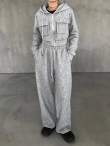 FRIFUL Damen 2er Set Reißverschluss Langarm Kapuzenpullover und Hose mit Kordelzug Taille und Taschen - Grau - Übersicht 7