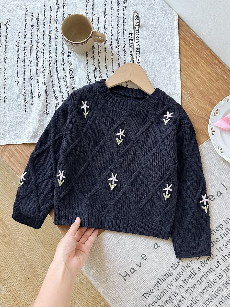 SHEIN 女童手工刺繡麻花格紋針織落肩短版套頭毛衣,柔軟舒適,適合日常穿著、外出、旅行、度假、居家、玩樂、萬聖節與聖誕節 - 藏蓝色 - 查看 1