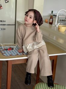 DAZY Infant (Girl) Round Neck Long Sleeve Colorblock Patchwork Korean Style 2 Pieces Sweatshirt Set Fall - Apricot - View 5