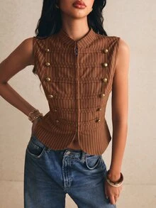 Poéselle 女款復古條紋雙排扣時尚背心外套 - 棕色 - 查看 3