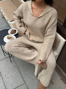 Autumina Women's Autumn/Winter Casual Hooded Loose Fit Versatile Pique Knit Top & Drawstring Pants 2 Pieces Set - Camel - View 1