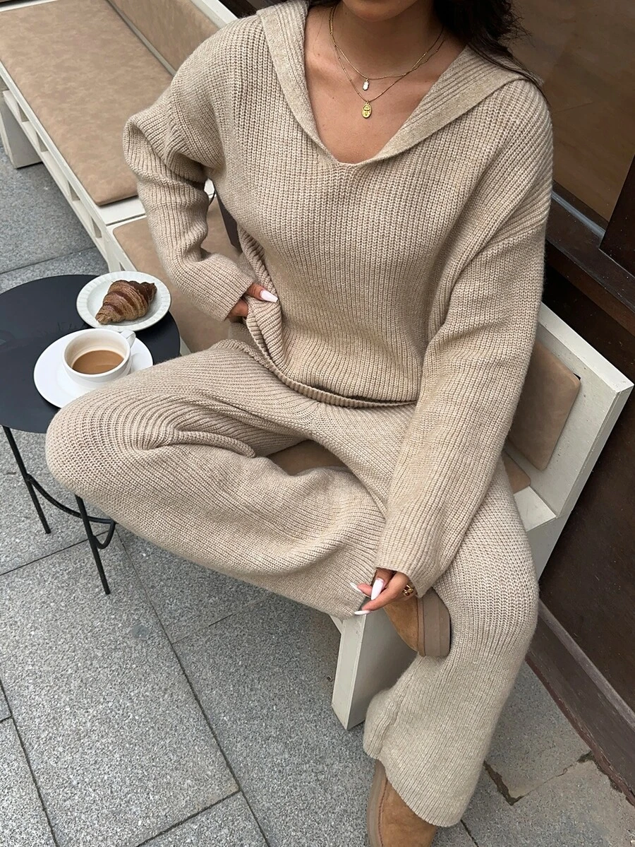 Autumina Women's Autumn/Winter Casual Hooded Loose Fit Versatile Pique Knit Top & Drawstring Pants 2 Pieces Set - Camel - View 1
