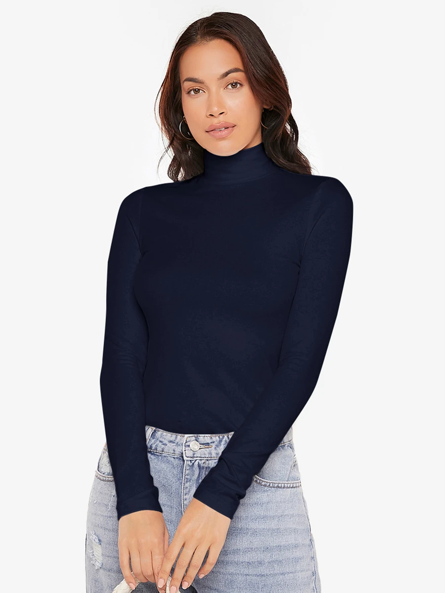 SHEIN BASICS High Neck Long Sleeves Rib-Knit Form Fitted Tee Tops For Women Black Tops - Navy Blue - View 1