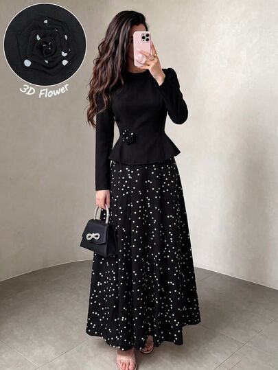 Modelyn 3D Floral Decor Half-High Neck Black Top With Asymmetrical   Polka Dot Two Piece Set  Saudi National Day  Renaissance Outfit Women Business Elegant