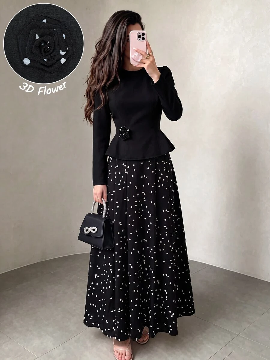 Modelyn 3D Floral Decor Half-High Neck Black Top With Asymmetrical   Polka Dot Two Piece Set  Saudi National Day  Renaissance Outfit Women Business Elegant