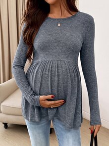 SHEIN 孕婦純色抓皺休閒日常長袖T恤 - 藍色 - 查看 4