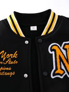 SHEIN 男童秋季拼色拼接保暖內裡棒球夾克，新款秋冬兒童NY字母刺繡貼布夾克，復古美式棒球風加厚上衣，小男孩街頭休閒立領，街頭嘻哈學院風 - 藍色 - 查看 4