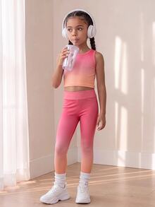 SHEIN طقم 3 قطع أزياء كاجوال للفتيات الصغيرات بألوان متدرجة، ناعم على البشرة ومريح ومرن للغاية، مناسب للرياضة والتمارين والأنشطة الخارجية والتسوق والمزيد - لون برتقالي - مشاهدة 7