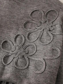 青少年女孩灰色特殊刺繡圓領針織套衫與百褶裙套裝，柔軟舒適，適合日常穿著、外出、旅行、度假、居家、托兒所 - 灰色 - 查看 3