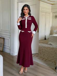 Modelyn Women's French Style Gentle Burgundy Textured Long Sleeve Chunky Knit Raw Edge Pearl Button Decorated Waist-Cinching Slimming Mermaid Mid-Length Bodycon Skirt - Burgundy - View 4