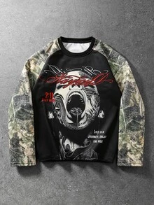 ROMWE MEN Men's Dark Hip-Hop Character Graphic Print Long Sleeve T-Shirt - Black - View 1