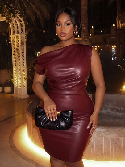 Sassy Hour Plus Size Minimalist Fashion Asymmetrical Shoulder PU Burgundy Bodycon Dress Fall/Winter Elegant Wedding Guest Party Red Dress For Women Dating Dress