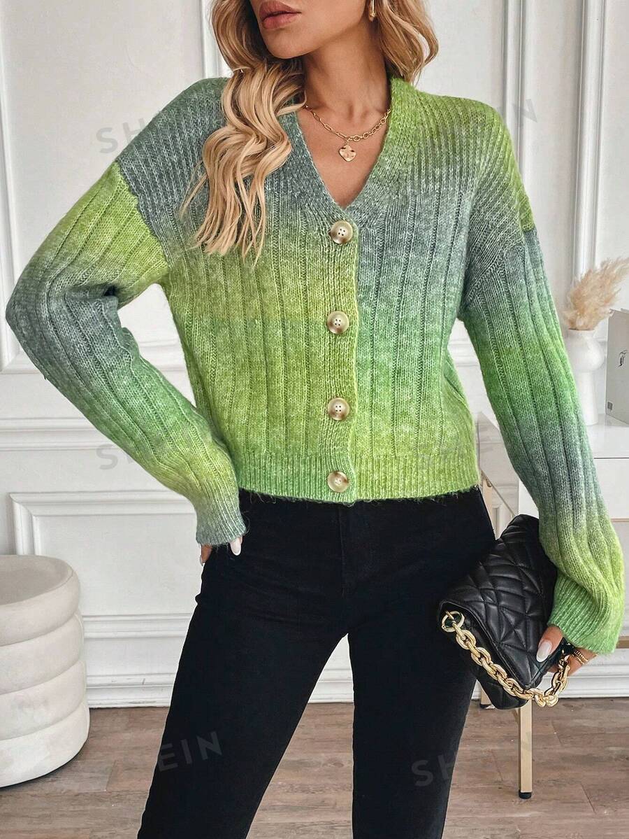 EMERY ROSE Cárdigan casual de mezcla degradada para otoño/invierno - Verde militar - Ver 1