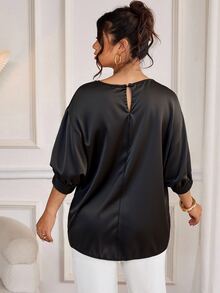 Cravure Plus Size Round Neck 3/4 Sleeve Short Sleeve Gold Foil Fabric Patchwork Contrast Woven Fabric Cuff Raglan Sleeve Casual Outing Vacation Commute Party Pullover Shirt - Black - View 2