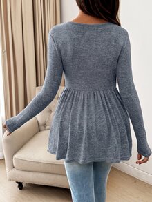 SHEIN 孕婦純色抓皺休閒日常長袖T恤 - 藍色 - 查看 2