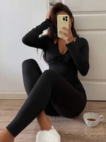 DAZY Women's Comfortable Lace Patchwork Long Sleeve Top And Fitted Long Pants Pajama Set - Black - View 4