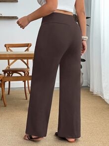 SHEIN PETITE CURVE 大尺碼休閒百搭純色高腰直筒長褲 - 棕色 - 查看 4
