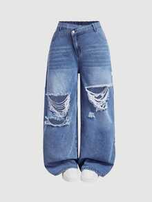 SHEIN MOD بنطلون جينز أزرق مستقيم الساق بتصميم ممزق ضيق كاجوال مقاس كبير - أزرق متوسط - مشاهدة 6