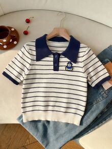 CovetEZ Top de punto con cuello polo, bordado de dibujos animados y patrón a rayas - Multicolor - Ver 4