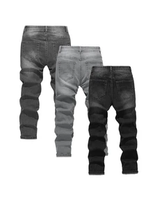 SHEIN Vacaura 3 piezas/Set Pantalones largos de mezclilla para niño preadolescente, Suave, Algodón, Casual, de Moda, Versátil, Cómodo, Minimalista, Cintura Elástica, Clásico 5 Bolsillos Ajuste Slim con Estiramiento, Lavado Negro Gris + Lavado Gris + Lavado Gris Claro, Adecuado para Uso Diario y Vacaciones - Multicolor - Ver 2