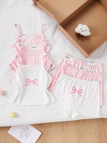6pcs/Set Girls Pink Bow & Heart All-Over Print Lace Trim Sweet Cute Comfortable Casual Camisole & Bikini Panty Lingerie Set Autumn Winter - Multicolor - View 3