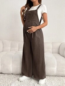 SHEIN 孕婦休閒水洗牛仔吊帶褲 - 棕色 - 查看 4