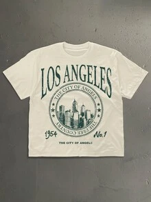 StoneGrade American Retro City Scene Poster Fashion Print Men's Apricot Standard Size Cropped Loose Fit Short Sleeve T-Shirt - Apricot - View 1