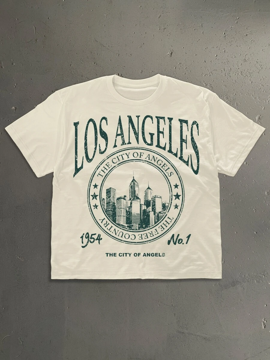 StoneGrade American Retro City Scene Poster Fashion Print Men's Apricot Standard Size Cropped Loose Fit Short Sleeve T-Shirt - Apricot - View 1