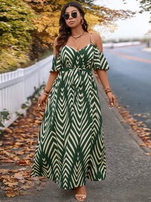 SHEIN VCAY Plus Size Vacation Cold Shoulder Short Sleeve Spaghetti Strap Dress - Dark Green - View 6