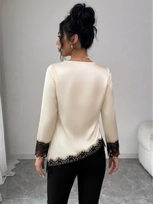 SHEIN Raffinéa بلوزة نسائية أنيقة من الدانتيل الفرنسي مع رقعات ساتان وحافة غير متماثلة وأكمام طويلة للصيف - لون مشمشي - مشاهدة 2