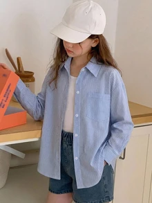 Hapijoa 青少年女孩秋季服飾 青少年女孩) 翻領短袖襯衫 夏季 - 藍色 - 查看 1