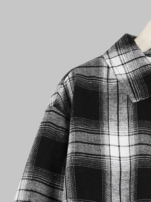 SHEIN 兒童青少年男孩休閒日常舒適格紋翻領寬鬆長袖梭織鈕扣襯衫 - 黑與白 - 查看 7