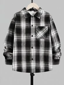 SHEIN 兒童青少年男孩休閒日常舒適格紋翻領寬鬆長袖梭織鈕扣襯衫 - 黑與白 - 查看 3
