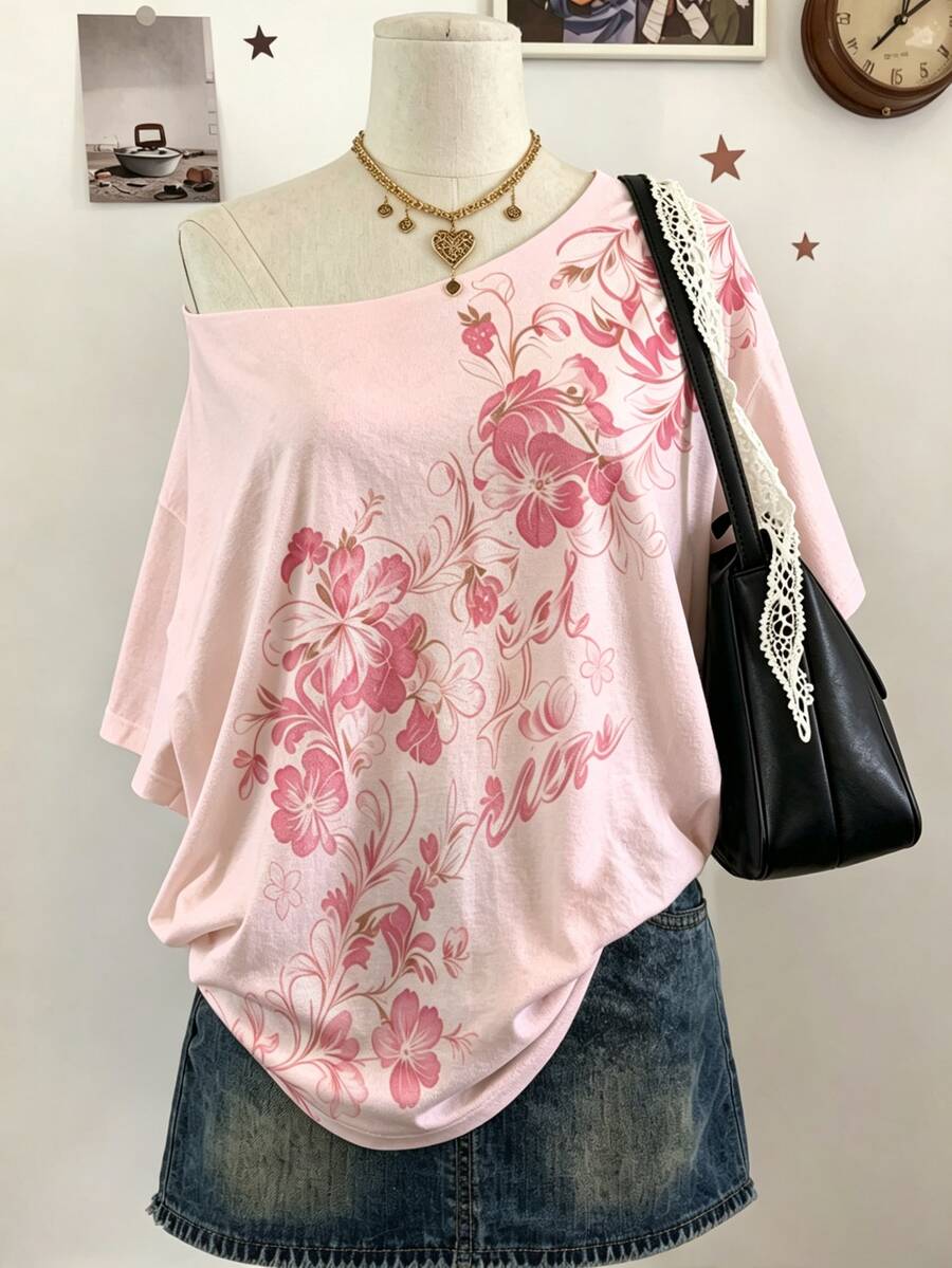 Lalippa 女款露肩T恤上衣,女裝套裝,流行時尚上衣,Y2K風格粉色T恤 - 彩色 - 查看 1
