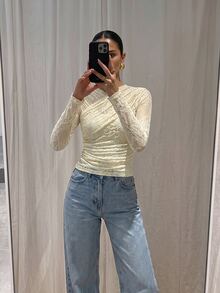 Firerie Elegant Chic Women's V Neck Lace Overlay Long Sleeve Top Cropped Fitted Lace Ruched Crossover Design Day Outfits For Womenwinter Outfits For Women - Pale Yellow - View 5