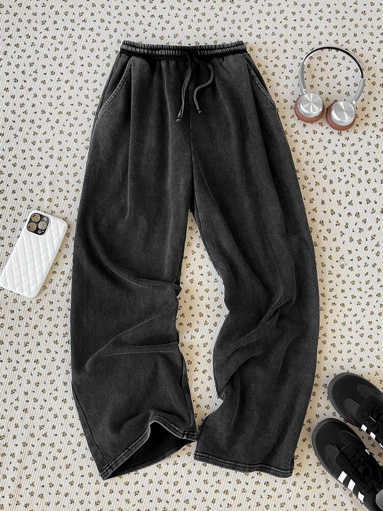 SHEIN Pantalones de chándal de pierna ancha de cintura media cómodos y versátiles para uso diario casual para niñas preadolescentes - Negro - Añade 2