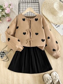 SHEIN 青少年女孩寬鬆休閒極簡舒適圓領長袖前綁帶蝴蝶結開襟衫 + 黑色針織百褶裙 2件套，適合時尚街頭風與返校穿搭 - 卡其色 - 查看 5
